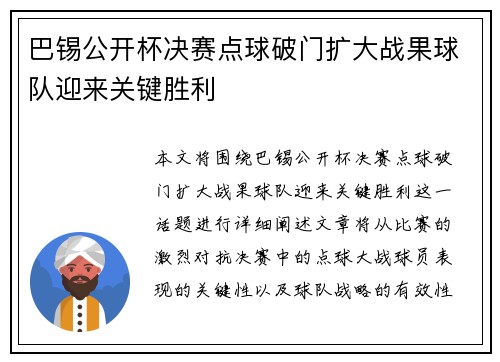 巴锡公开杯决赛点球破门扩大战果球队迎来关键胜利 巴锡公开杯决赛点球破门扩大战果球队迎来关键胜利