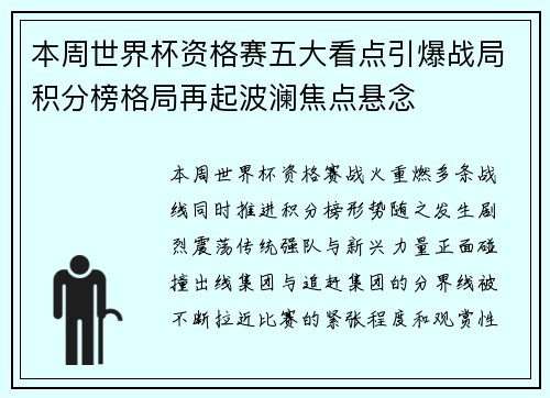 本周世界杯资格赛五大看点引爆战局积分榜格局再起波澜焦点悬念 本周世界杯资格赛五大看点引爆战局积分榜格局再起波澜焦点悬念